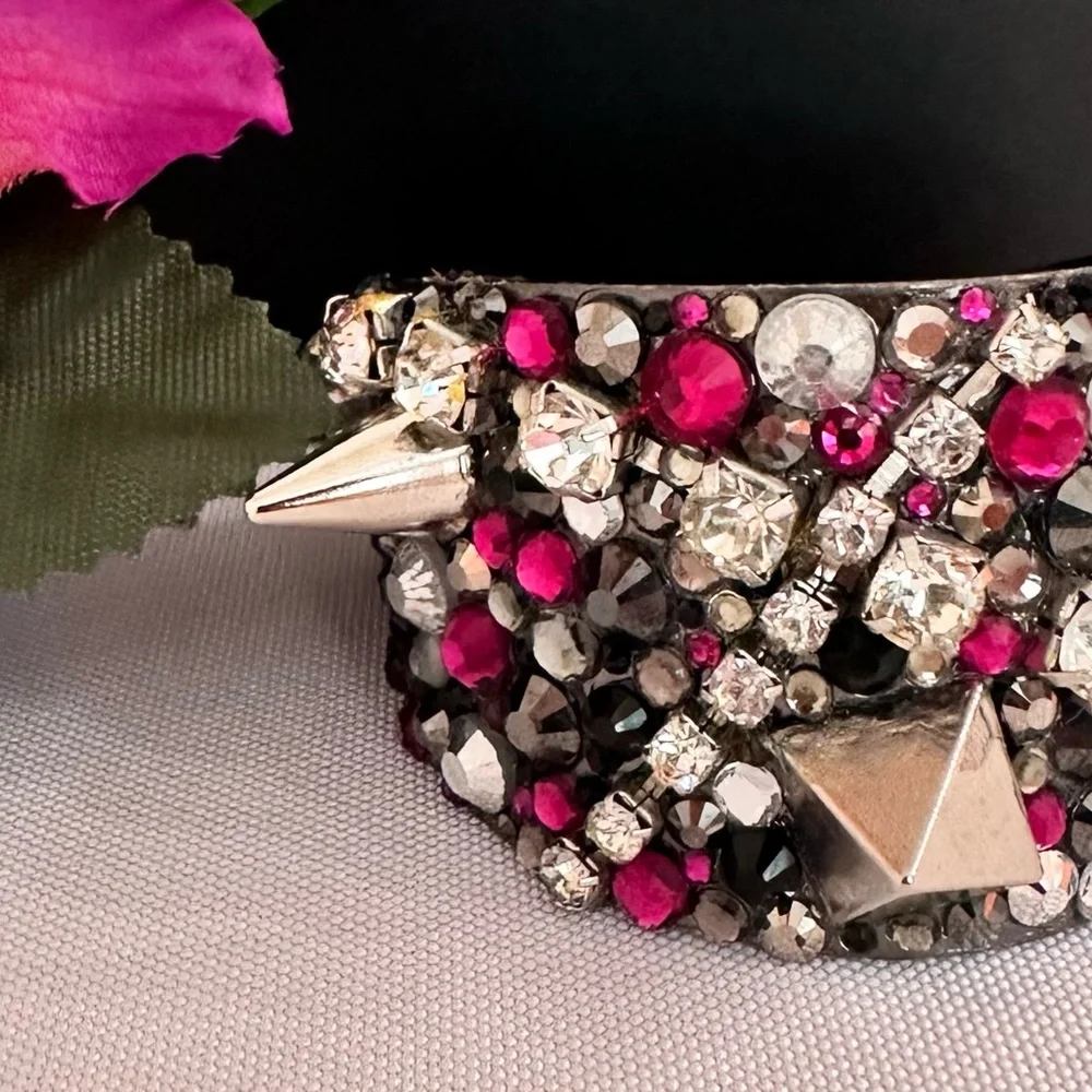 CUFF BRACELET ~ Studded Pink Silver Gray and Black Cuff w/Swarovski Crystals